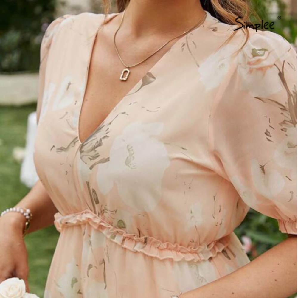 Shein Simplee Floral Print Puff Sleeve Frill Trim Ruffle Hem Dress Size M